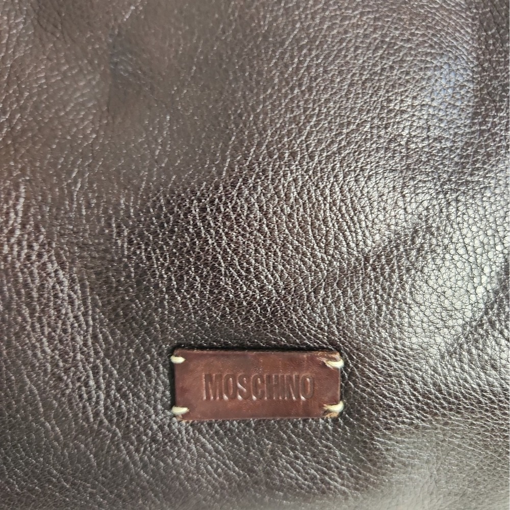 Vintage MOSCHINO Large Brown Pebbled Leather Dual Handle Bag Teal Lining 18" Y2K - Picture 6 of 12